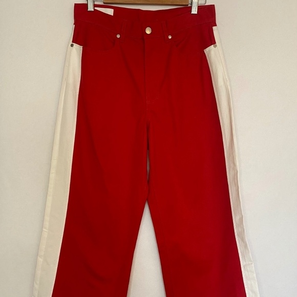 NWOT BLDWN Scarlet Red White Wide Leg High Waist Crop Cotton Pants size 28 NEW - Picture 1 of 5